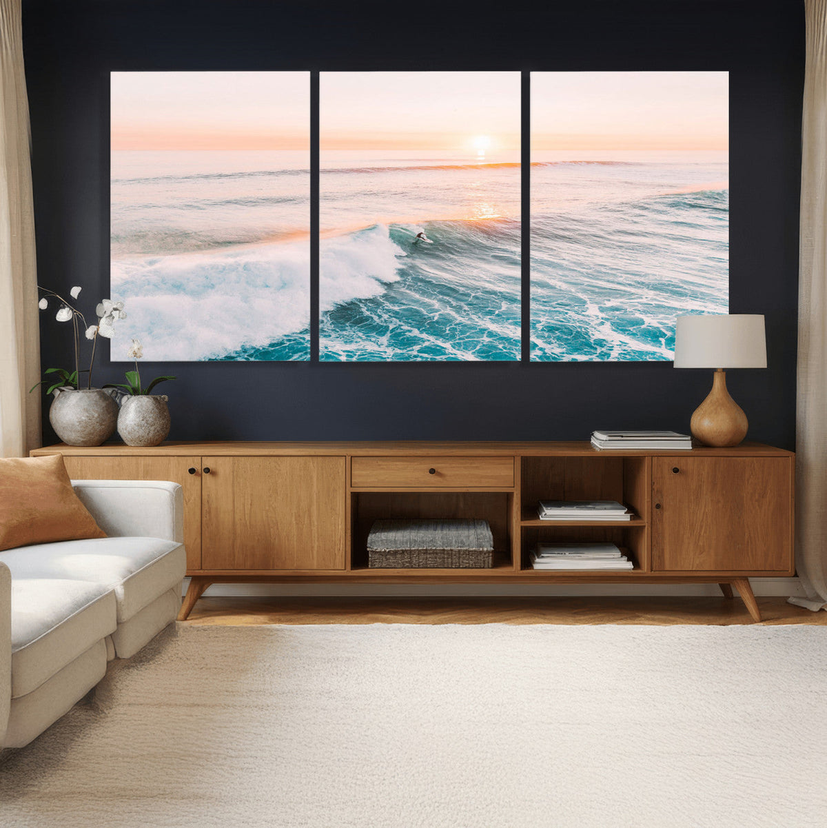 Sunset Surfing Wall Art Canvas Print, Ocean Wave Surfer with Golden Sky