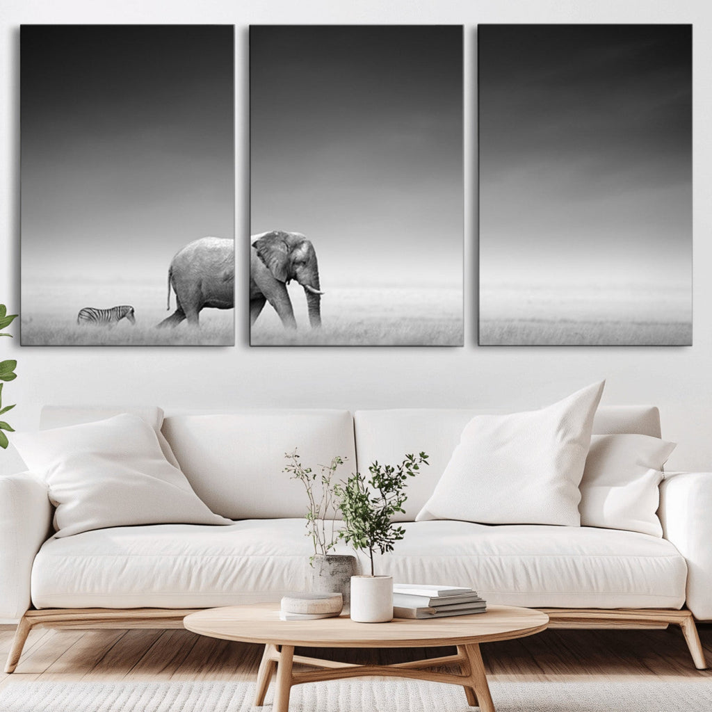 Elephant and Zebra Wall Art Canvas Print, Modern Artwork