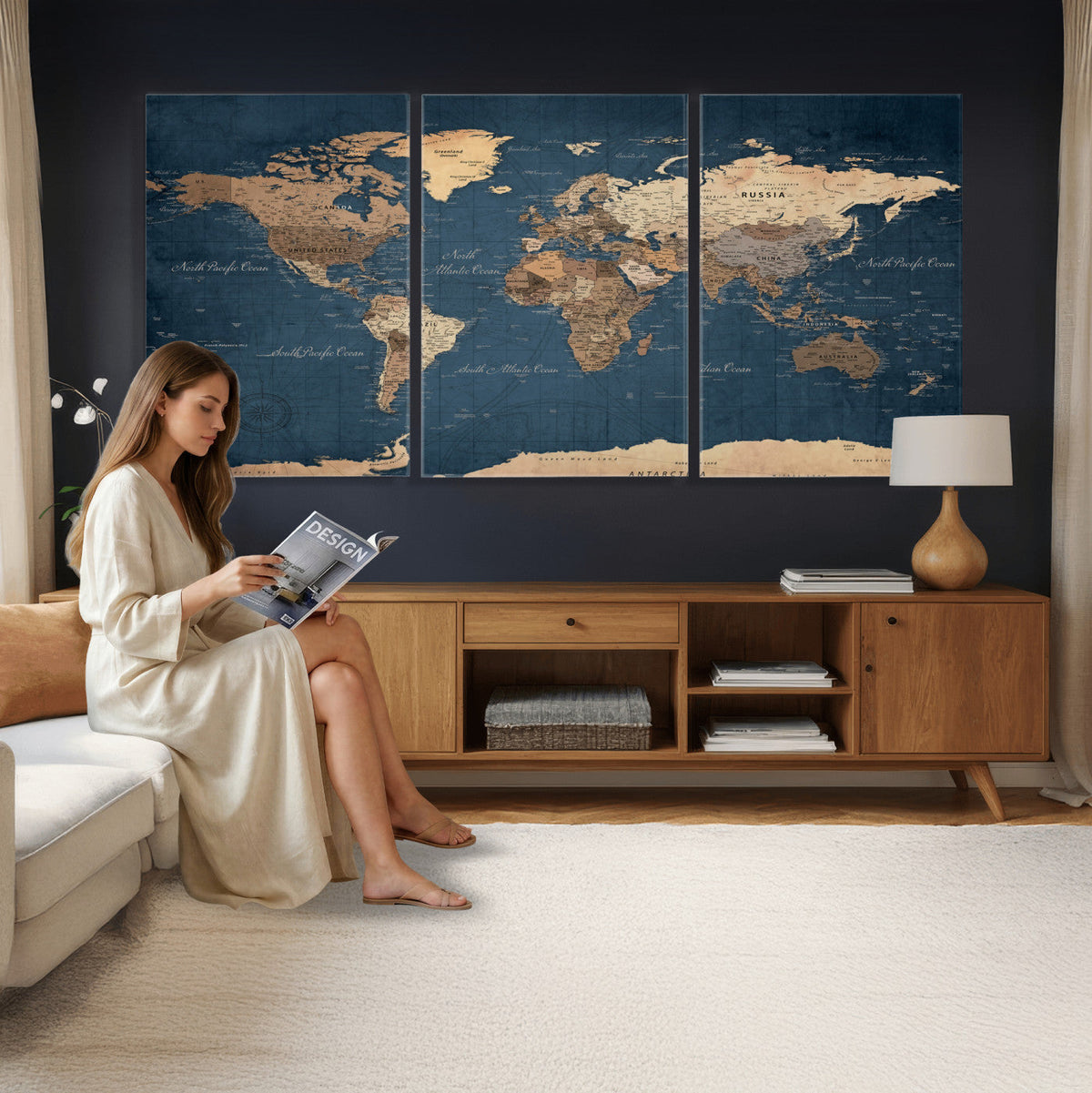 Navy Blue World Map Canvas Print | Framed Travel Map Wall Art
