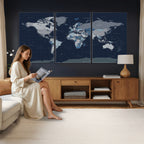 Blue Detailed World Map Wall Art Canvas Print | Modern Framed Map