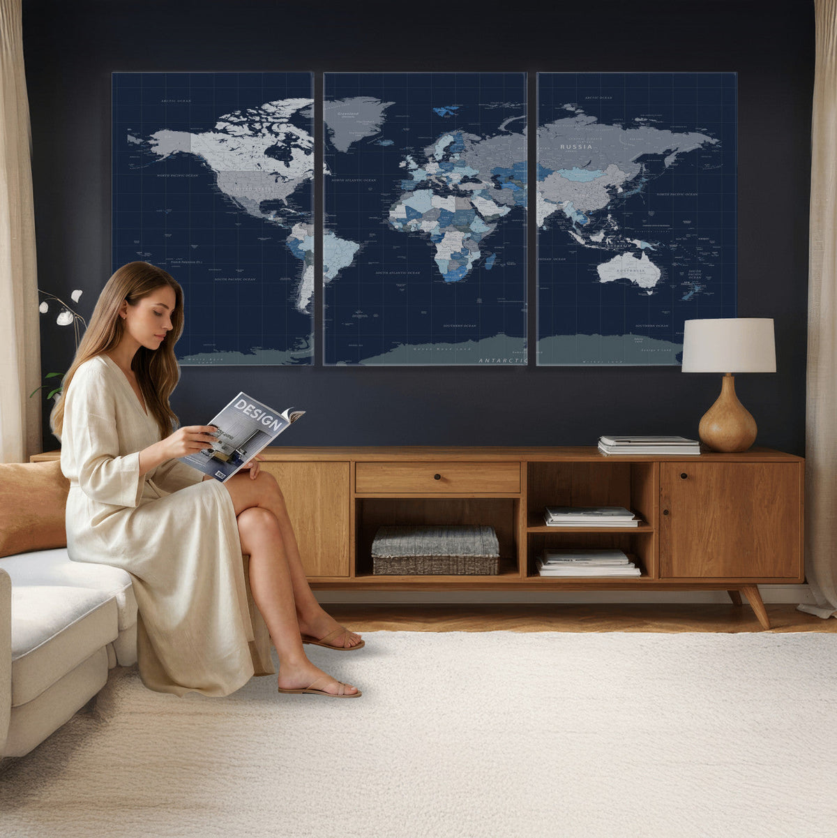 Blue Detailed World Map Wall Art Canvas Print | Modern Framed Map