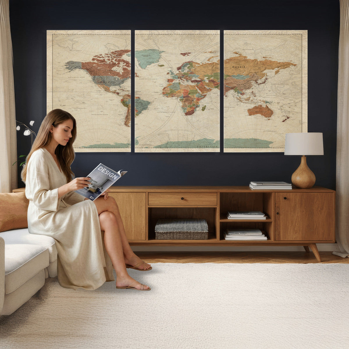 Vintage World Map Canvas Wall Art Print | Framed Modern World Map