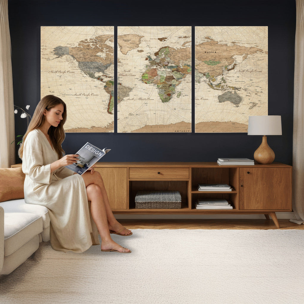 Framed World Map Wall Art for Home and Office Decor