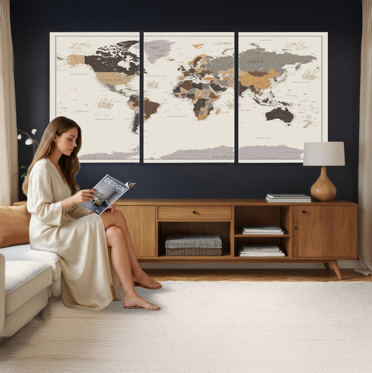 Custom Beige Modern Push Pin World Map Canvas Print, Places Visited Tracker, Bedroom and Study Decor