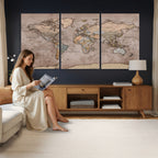 Grunge World Map Canvas Wall Art - Vintage Aged World Map with Golden Tones