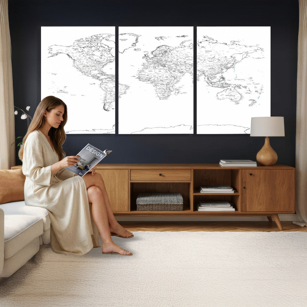 World Map Canvas Print, Framed Modern Detailed Map of the World for Home or Office