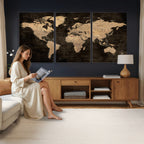 Brown World Map Canvas Print | Modern Travel Map Wall Art
