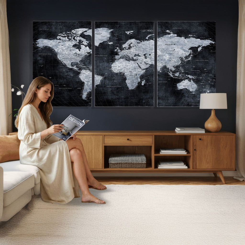 Black World Map Canvas Print | Detailed Map for Couples and Anniversary Gift