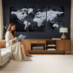 Black World Map Canvas Print | Detailed Map for Couples and Anniversary Gift