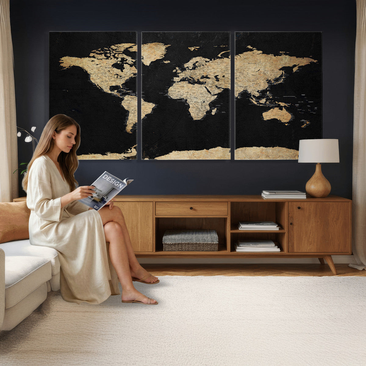 Beige World Map Canvas Wall Art Print, Minimal Black and Beige Map