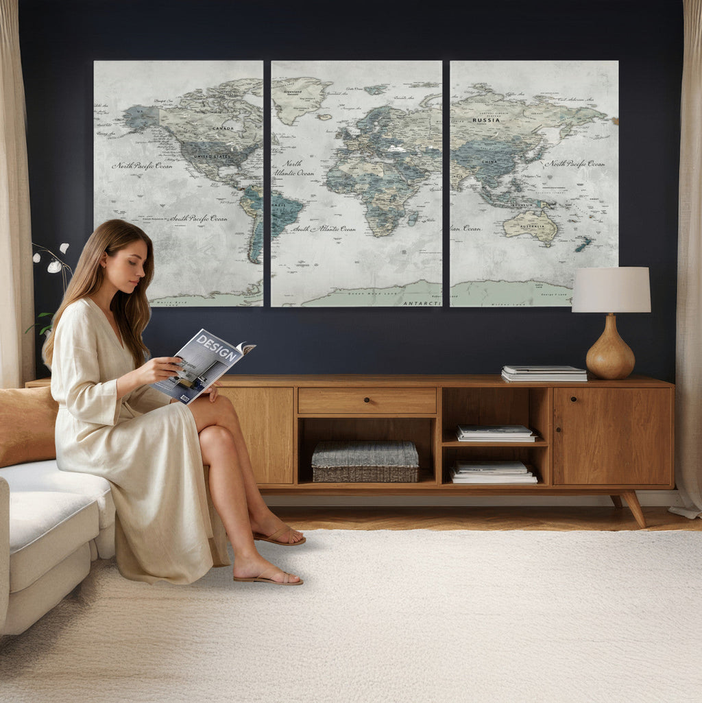 Neutral Vintage World Map Canvas Wall Art Print, Classic Map Artwork