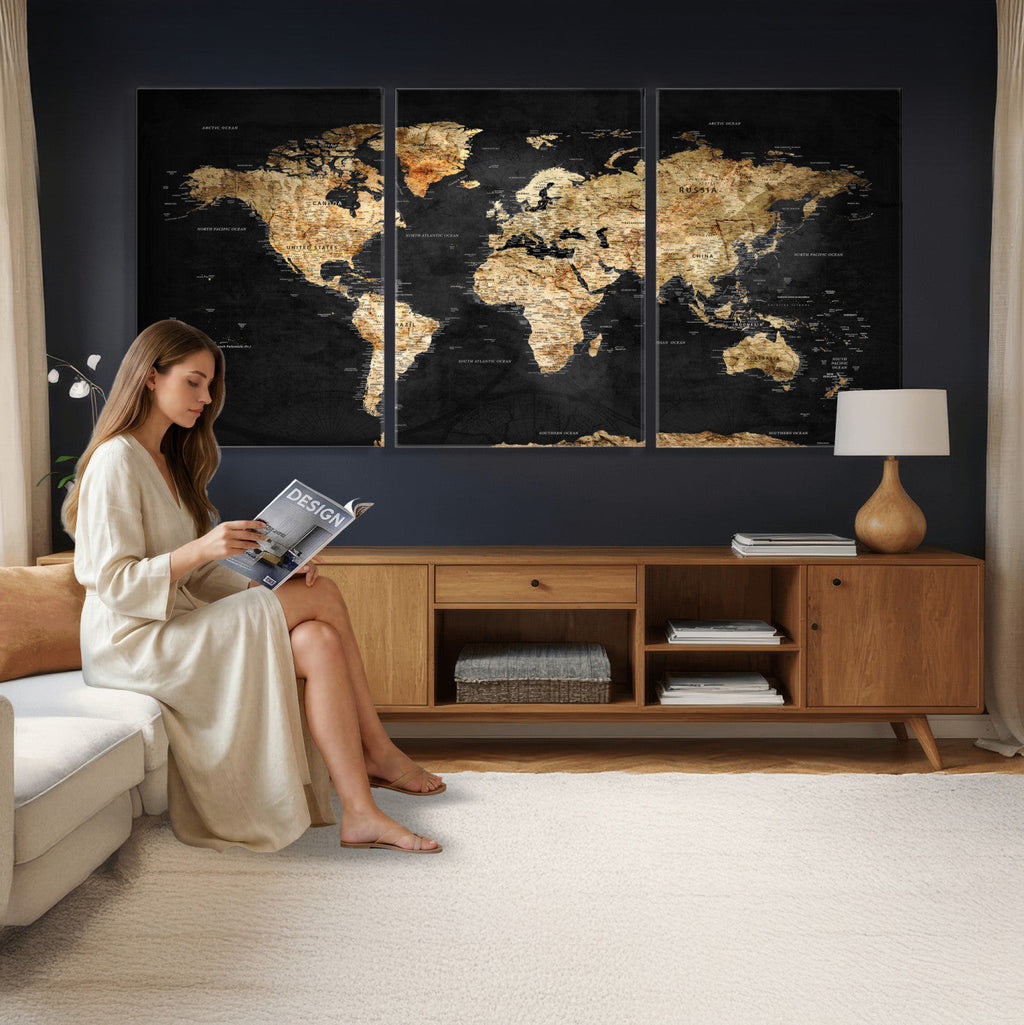 World Map Canvas Wall Art with Famous Landmarks | Framed Travel Map