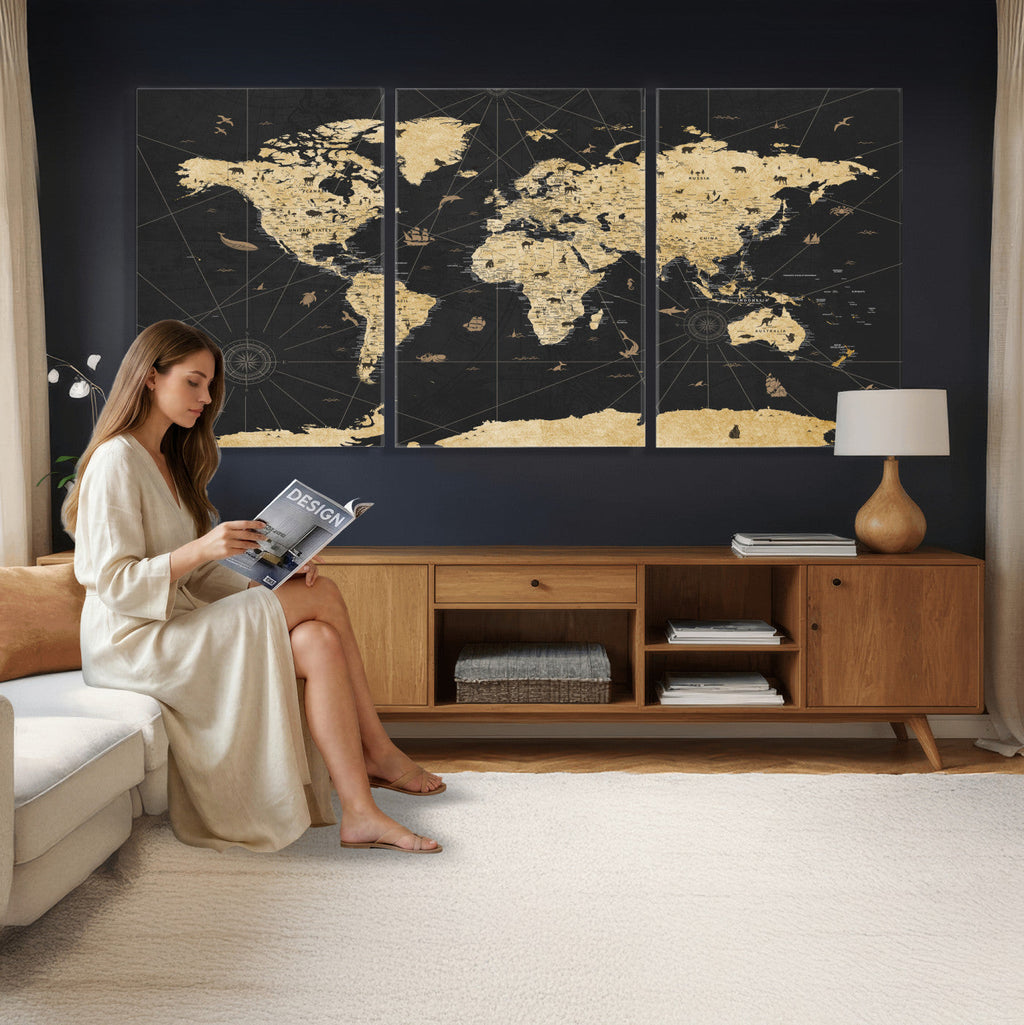 Vintage Blue and Brown World Map Canvas Wall Art | Framed Rustic Map Print