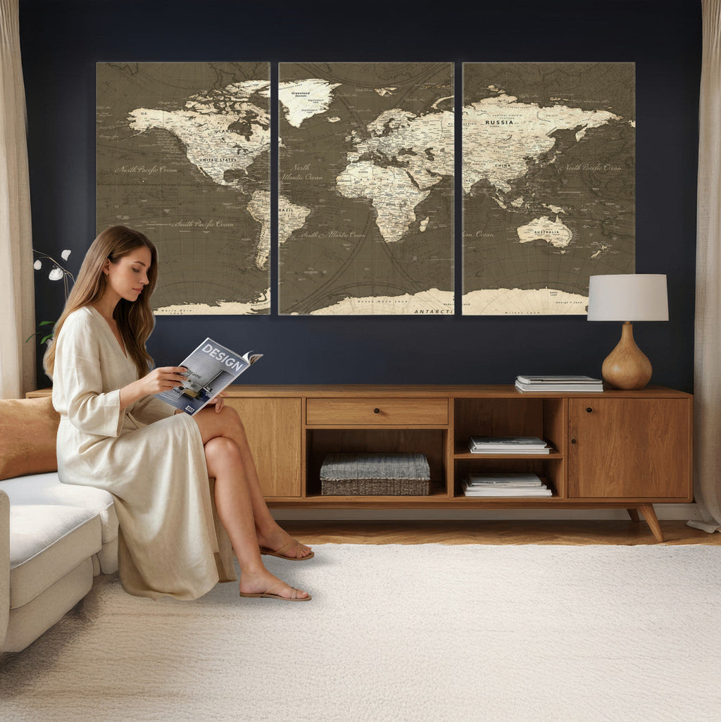 Vintage World Map Canvas Print | Framed Travel Map Wall Art for Couples