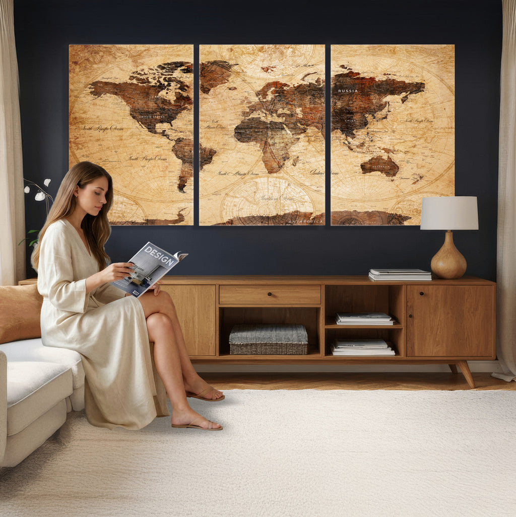 Modern Red and Gray World Map Canvas Print | Framed Wall Art
