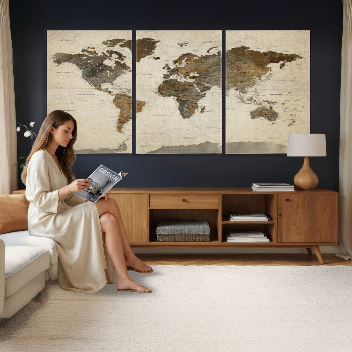 Vintage World Map Canvas Wall Art | Framed Antique Style Travel Map