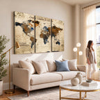 World Map Wall Art | Rustic Earth Tone Canvas Print, Antique Travel Map
