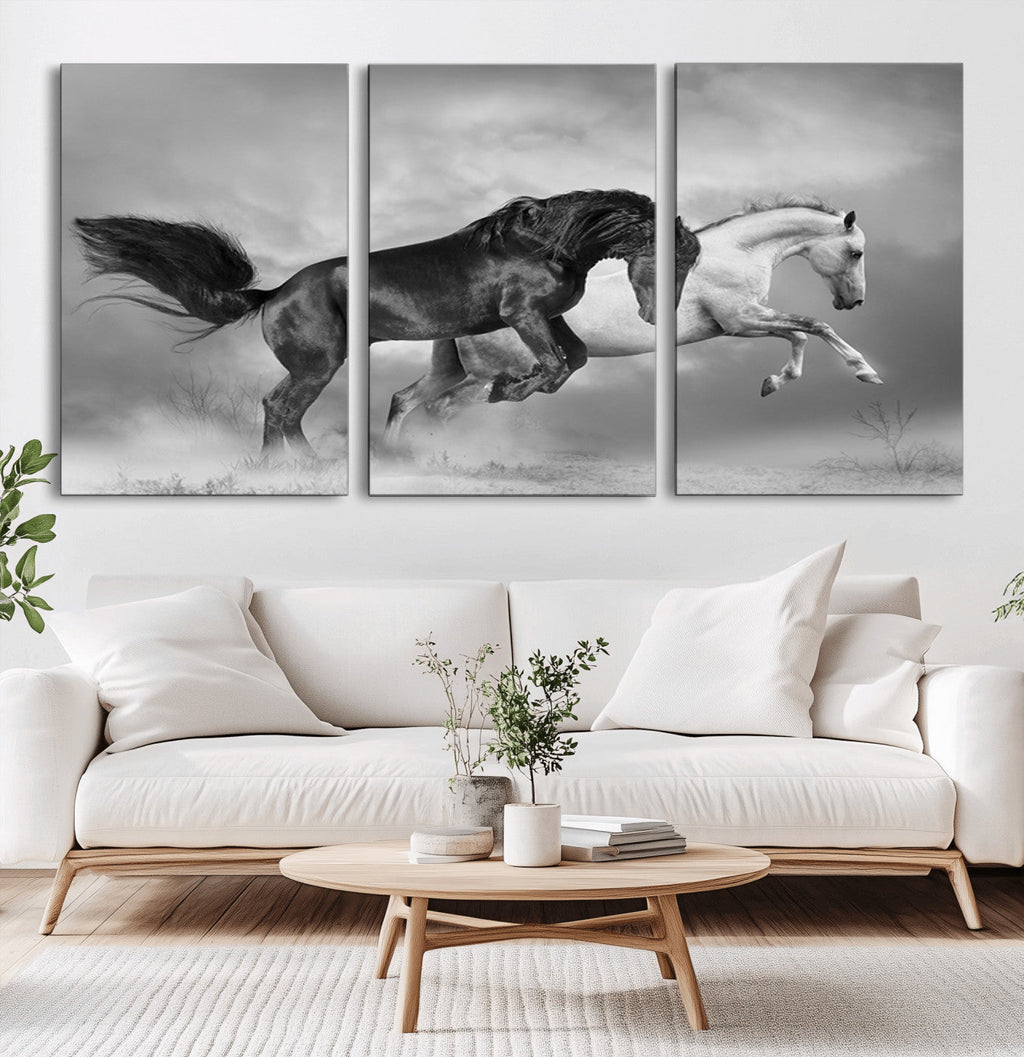Wild Horses Wall Art Canvas Print, Framed Black and White Galloping Horses