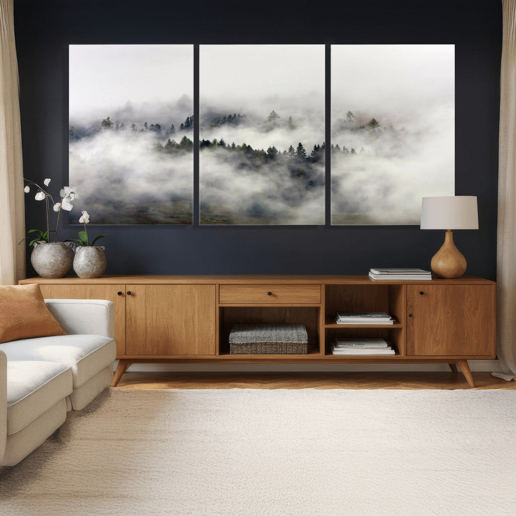 Foggy Forest Wall Art Canvas Print, Misty Pine Tree Landscape