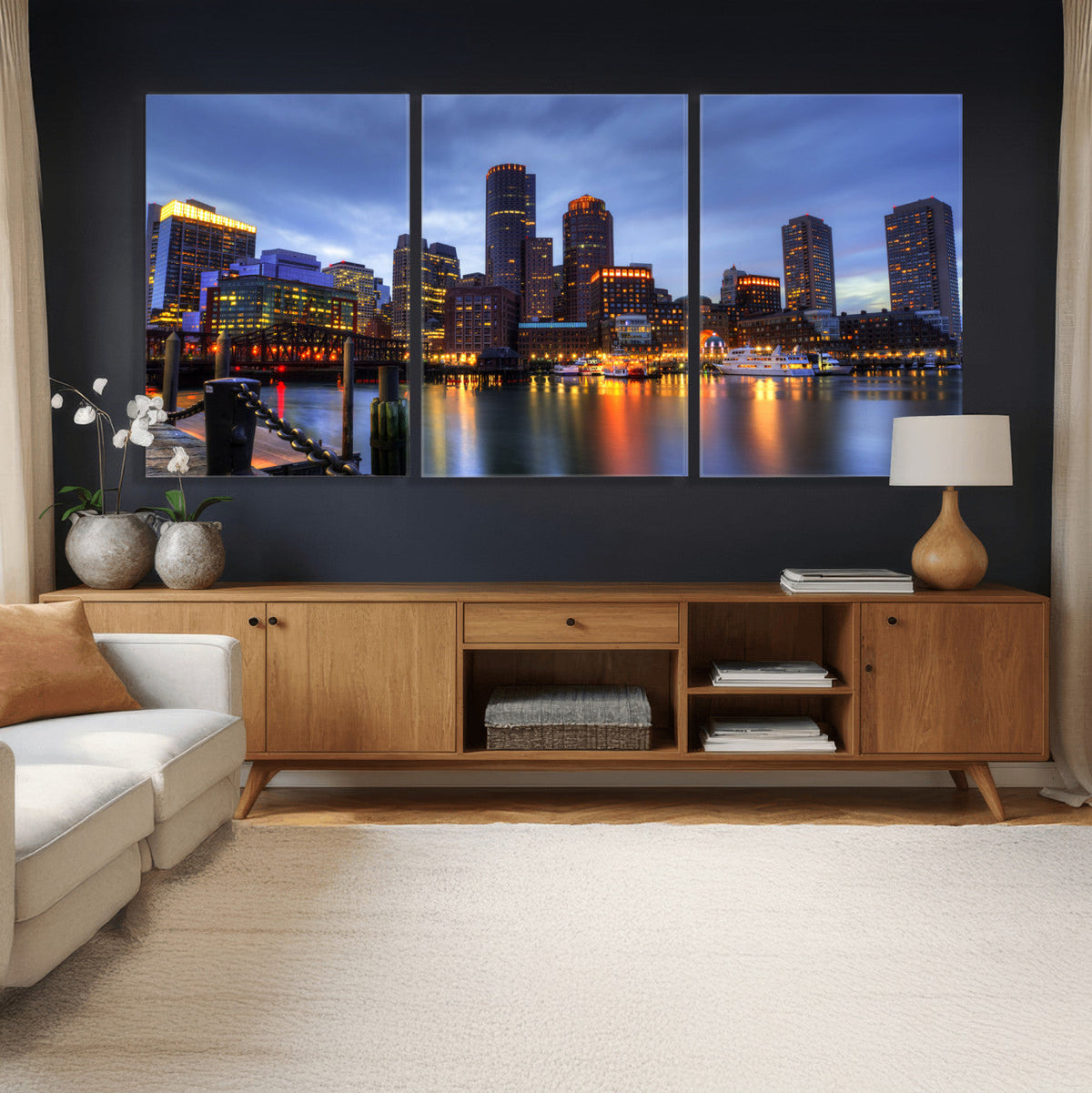 Boston Wall Art Canvas Print, Boston City Downtown Night Cityscape