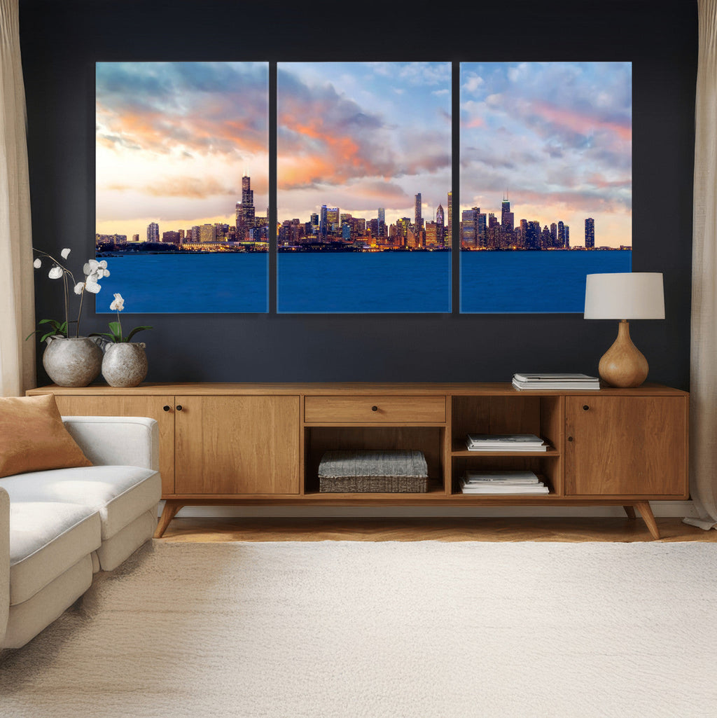 Chicago Wall Art Canvas Print - Chicago City Downtown Night Cityscape