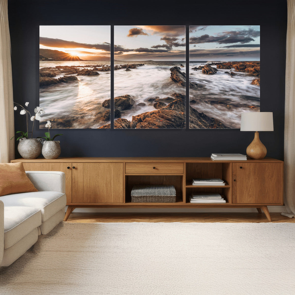Rocky Coast Ocean Sunset Wall Art Canvas Print, Dramatic Seascape Nature Decor