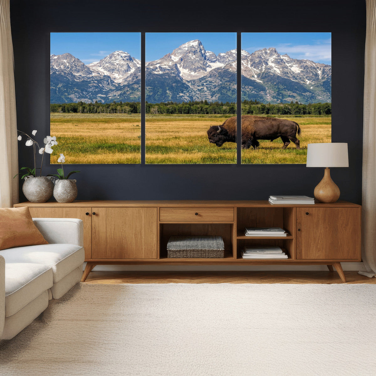 Bison in Mountain Landscape Wall Art Canvas Print, Western Decor