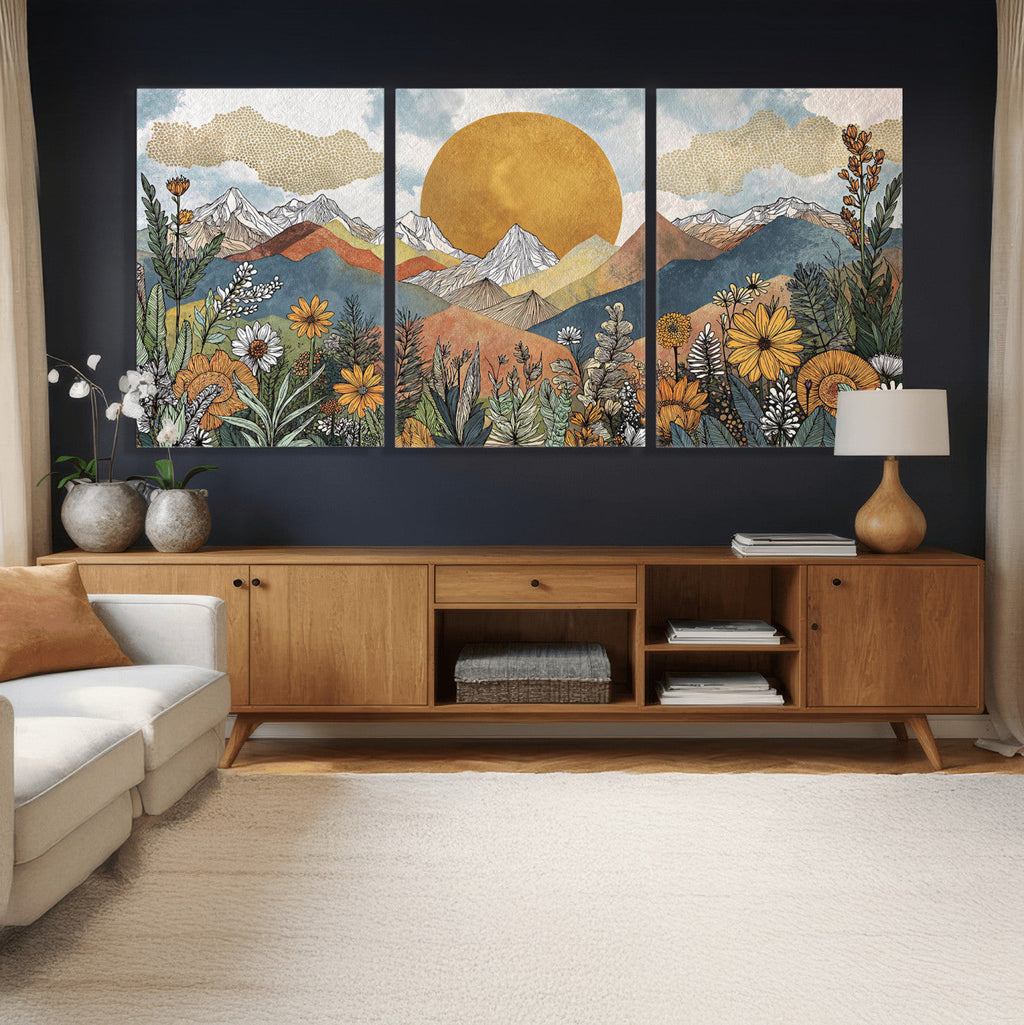Boho Mountain Landscape Large Wall Art, Horizontal Gold Sun and Flowers Print