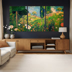 Gustav Klimt Boho Mountain Landscape Large Wall Art, Gold Sun and Flowers Print