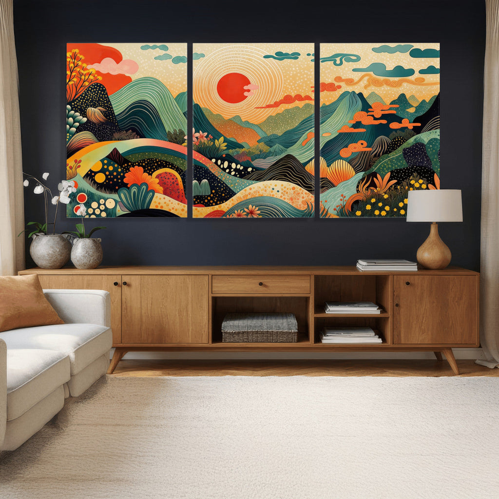 Yayoi Kusama Boho Mountain Landscape Large Wall Art, Gold Sun and Flowers Print