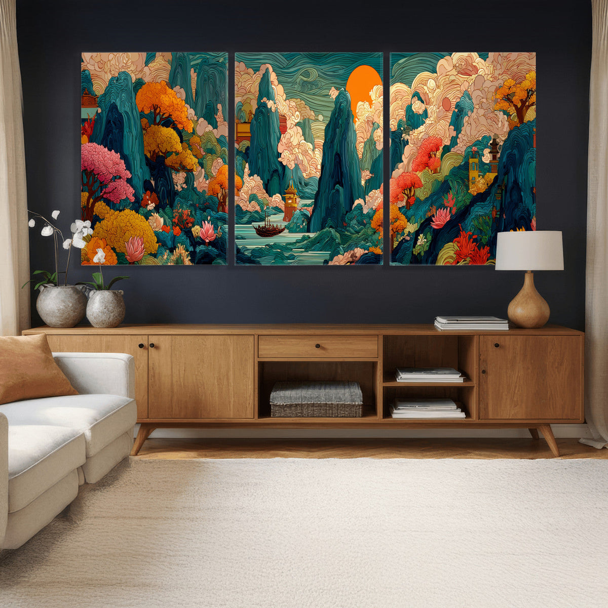 Colorful Japanese Landscape Print: Maximalist Panoramic Wall Art