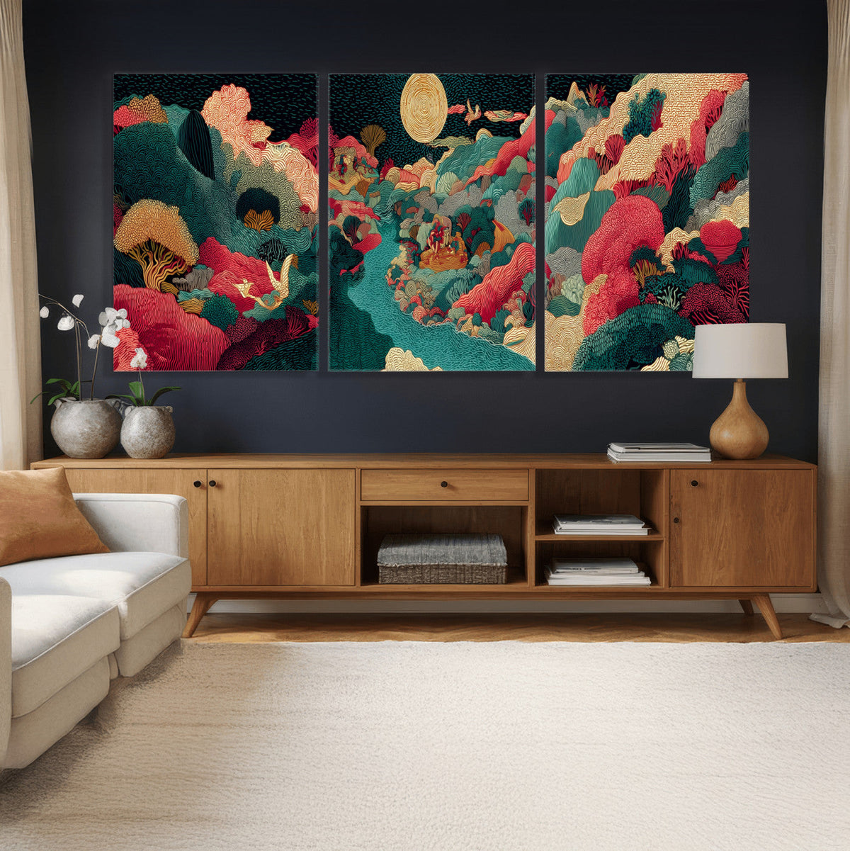 Colorful Japanese Landscape Print: Maximalist Panoramic Wall Art