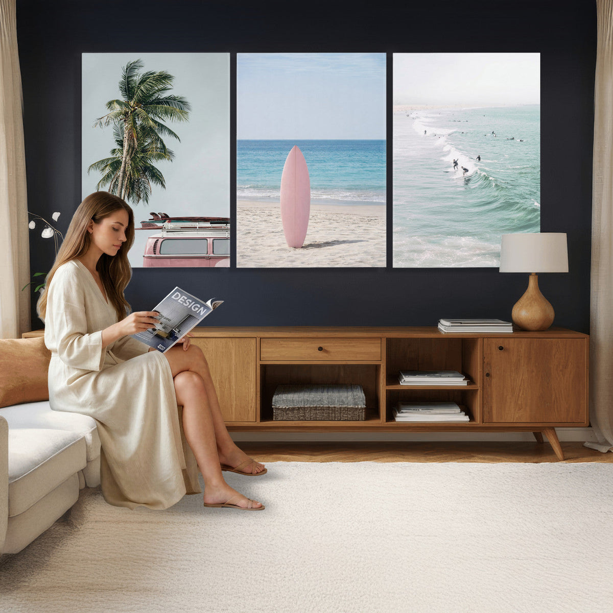 Surf Canvas Wall Art Set, Pink Surfboard VW Van Palm Tree