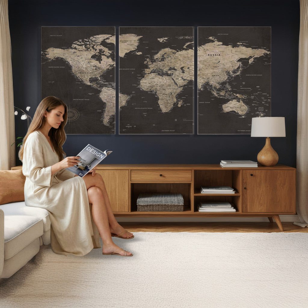 World Map Canvas Wall Art, Dark Charcoal and Antique Tan Detailed Map