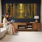 Gustav Klimt Style Forest Canvas Wall Art, Golden Forest Path Floral Art Nouveau Print