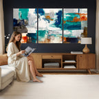 Blue Teal Abstract Canvas Wall Art, Modern Brushstroke Style Print, Navy Orange Contemporary Decor