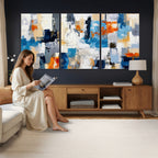 Blue Teal Abstract Canvas Wall Art, Modern Brushstroke Style Painting Print, Navy Orange Contemporary Decor