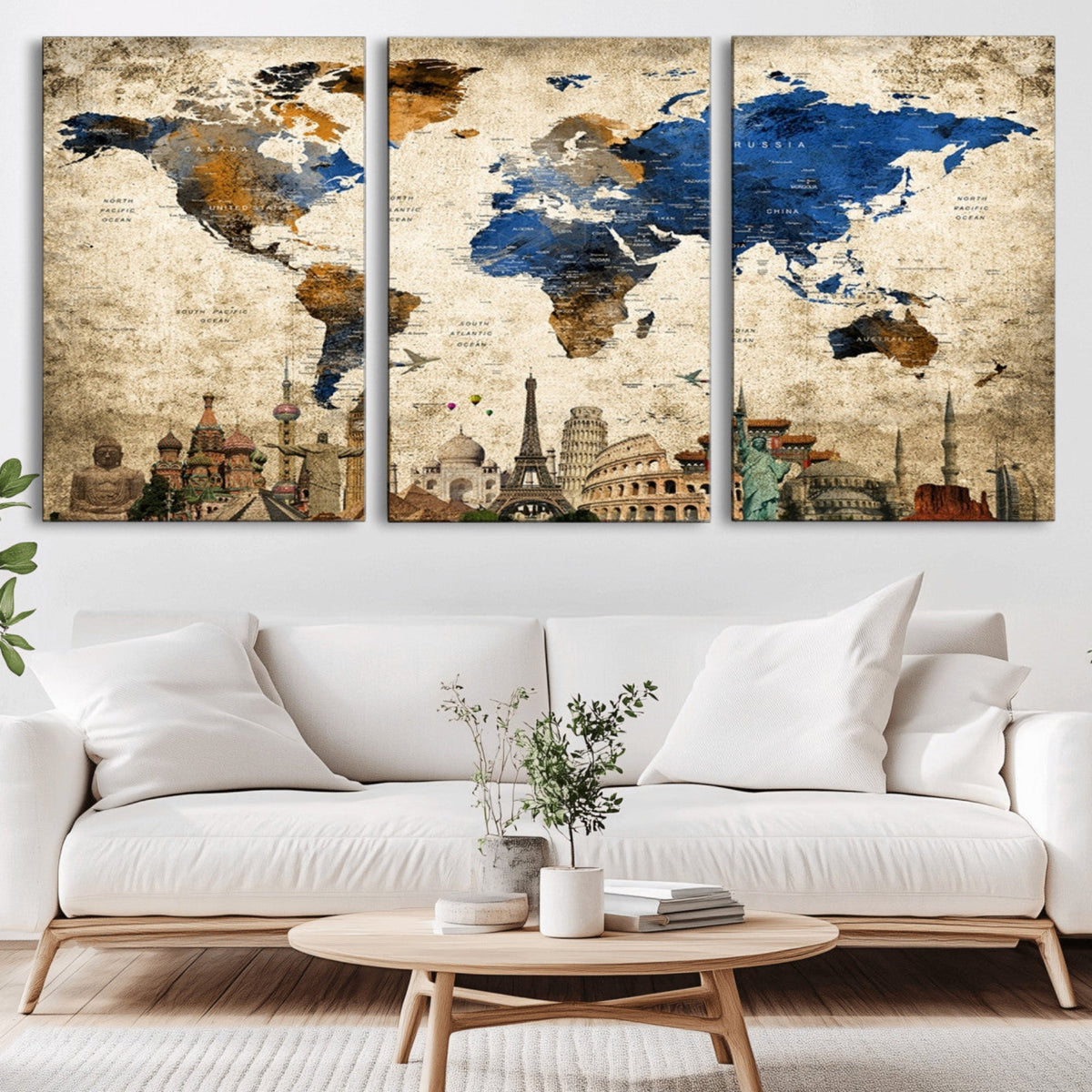 World Map Canvas Print | Vintage Blue and Gold World Map Wall Art