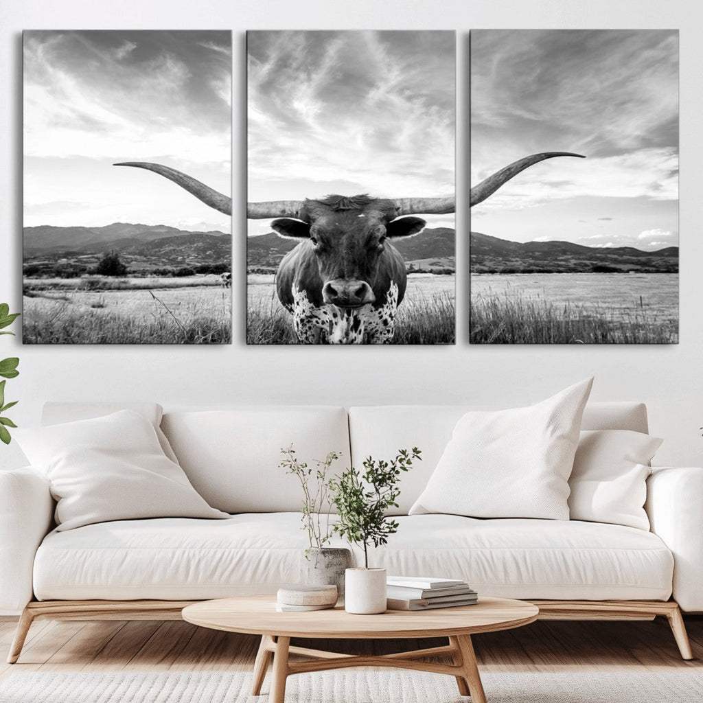 Longhorn Black and White Wall Art | Rustic Western Bull Canvas Print