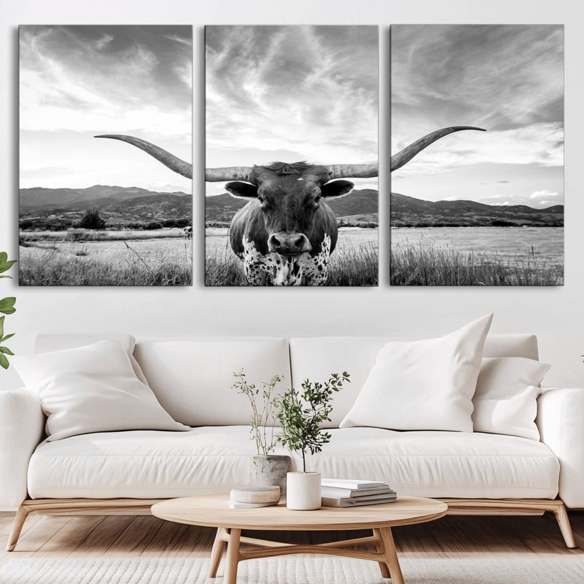 Longhorn Black and White Wall Art | Rustic Western Bull Canvas Print