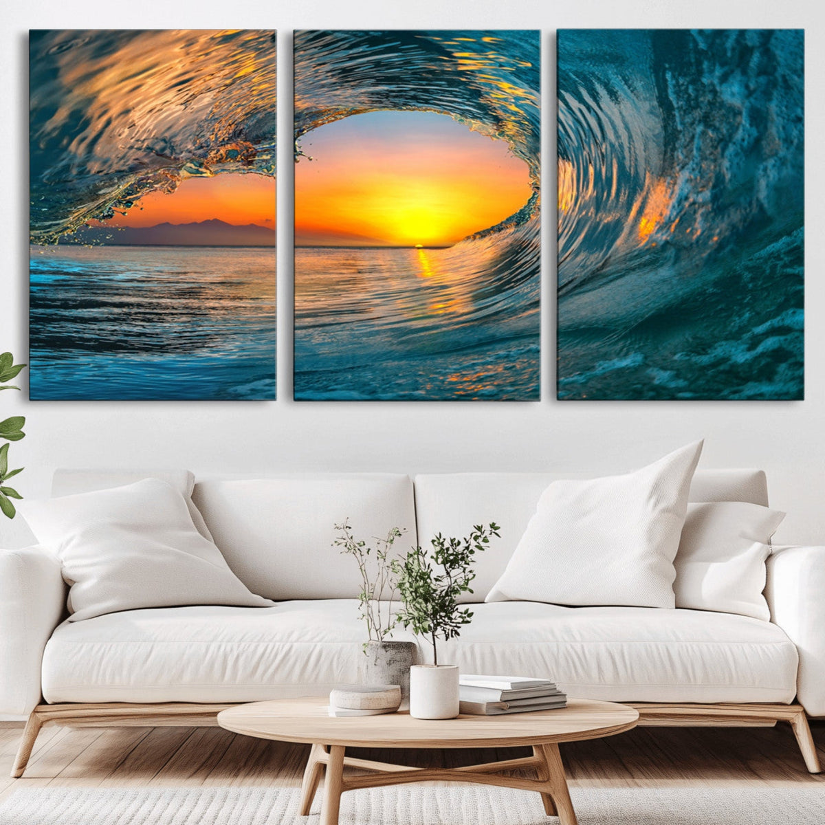 Ocean Wave Sunset Wall Art | Large Coastal Wave Canvas Print
