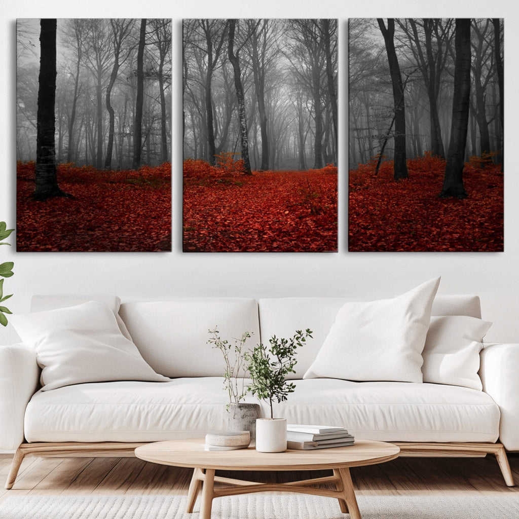 Red Forest Floor Canvas Wall Art | Mystical Foggy Woodland Triptych