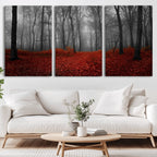 Red Forest Floor Canvas Wall Art | Mystical Foggy Woodland Triptych