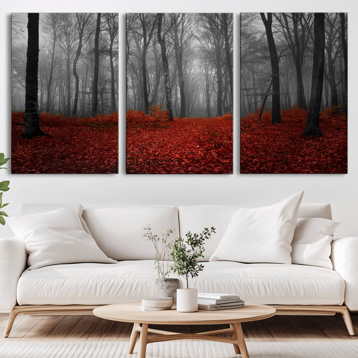 Red Forest Floor Canvas Wall Art | Mystical Foggy Woodland Triptych