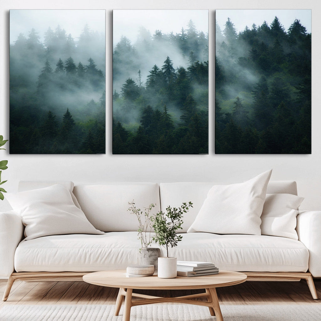 Misty Forest Wall Art | Serene Green Landscape Canvas Print