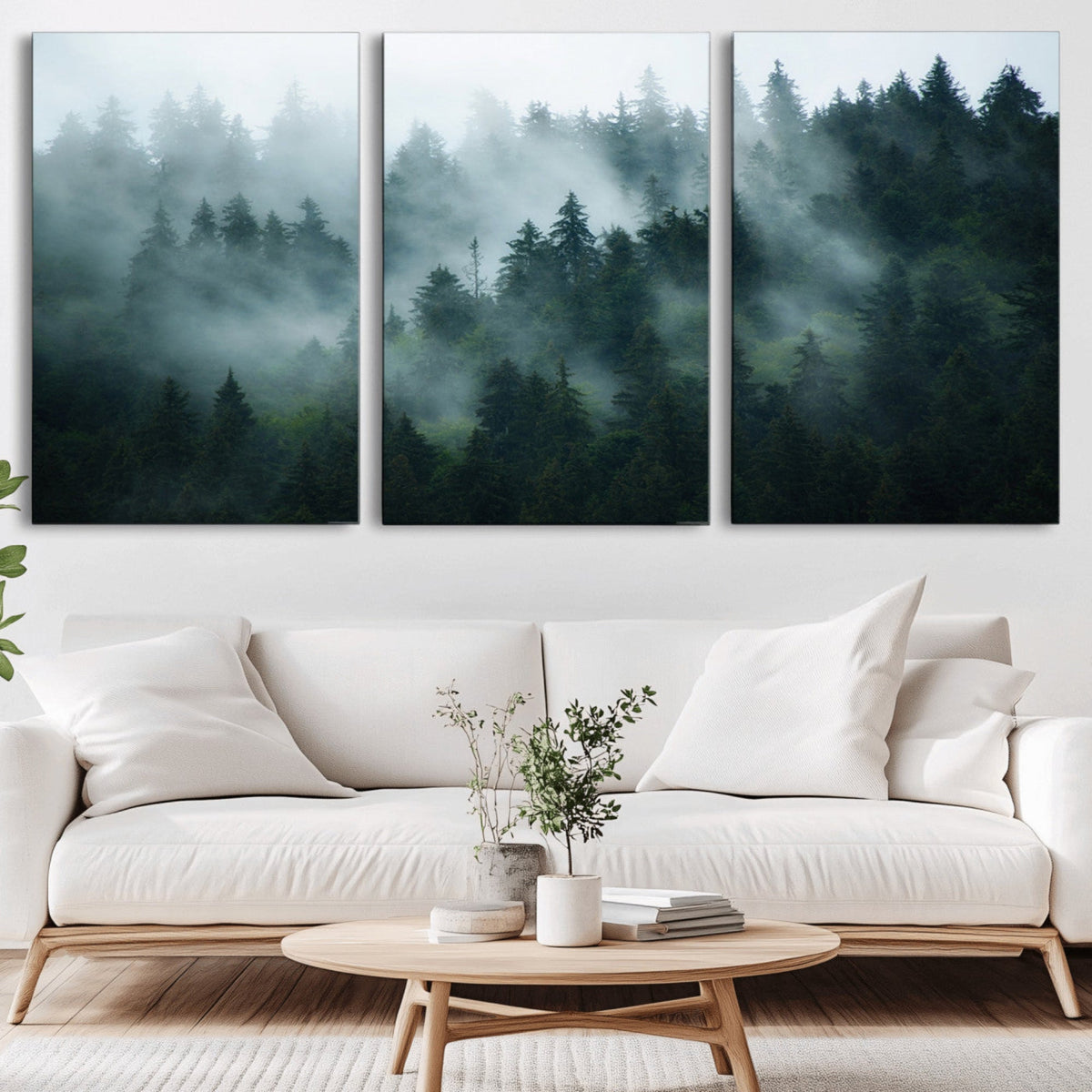 Misty Forest Wall Art | Serene Green Landscape Canvas Print