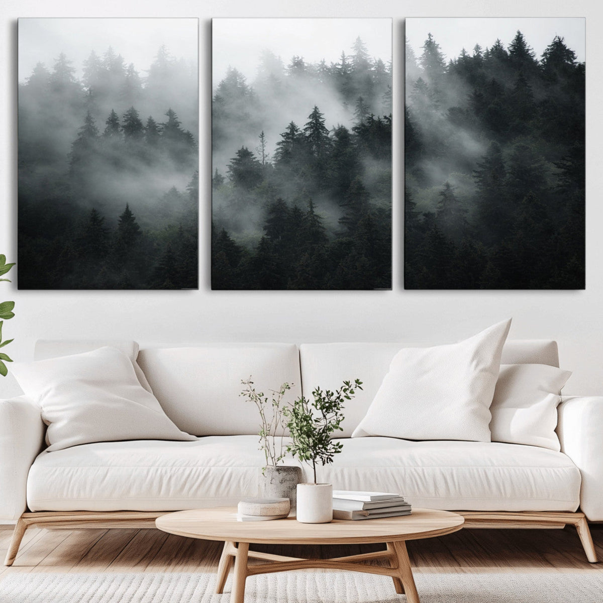 Foggy Forest Wall Art Canvas Print | 3 Panel Large Misty Landscape