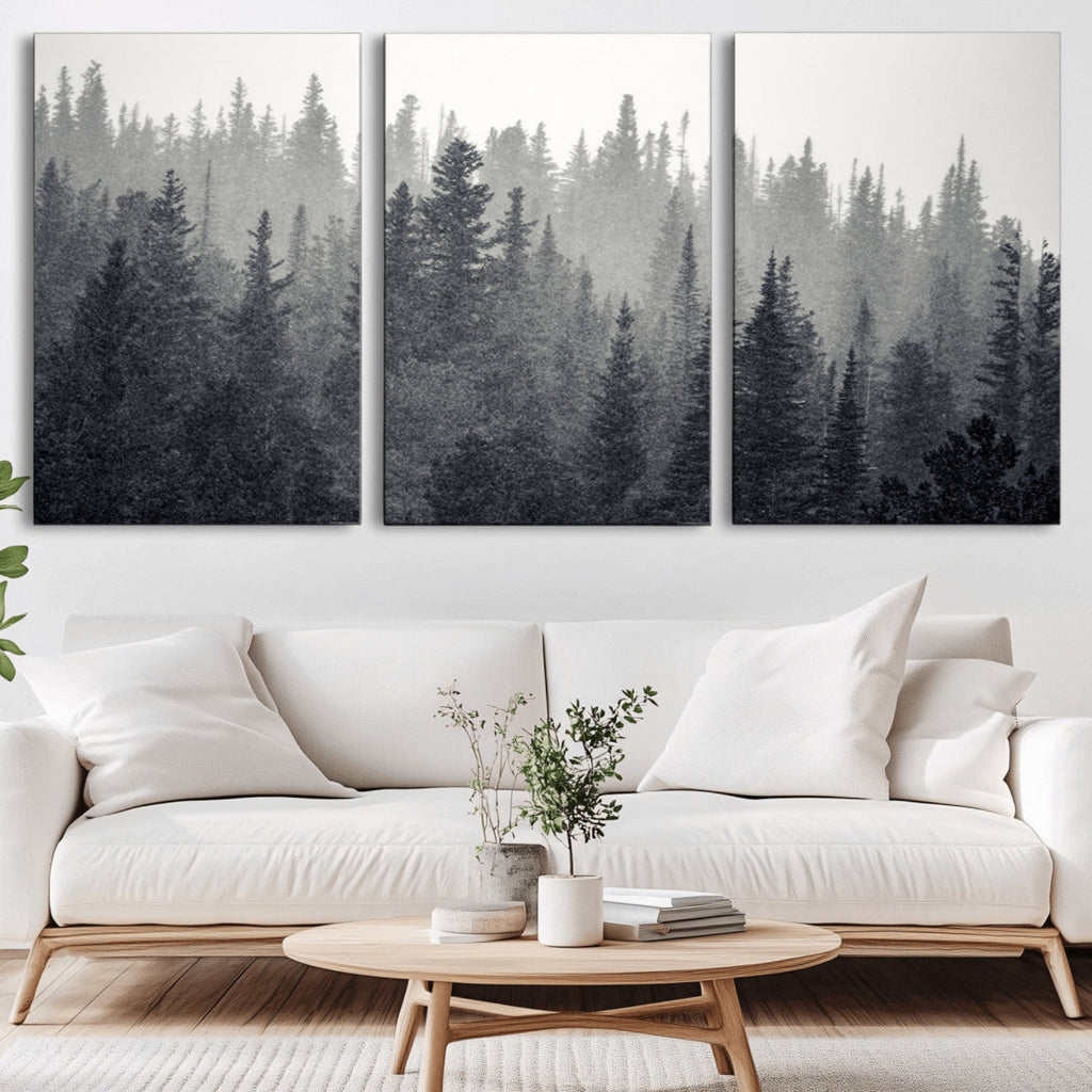 Misty Forest Canvas Wall Art | Monochrome Triptych Pine Tree Print