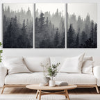 Misty Forest Canvas Wall Art | Monochrome Triptych Pine Tree Print