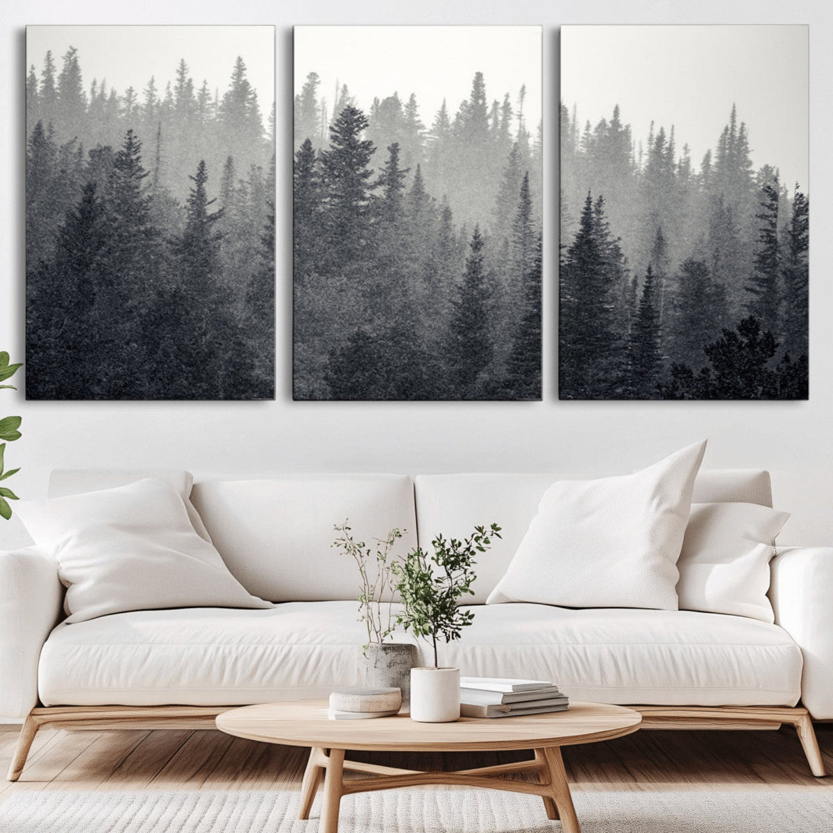 Misty Forest Canvas Wall Art | Monochrome Triptych Pine Tree Print